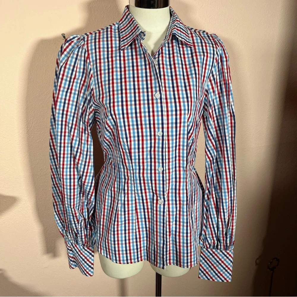 Greyson Gingham puff sleeve Peplum Feminine Western Buttondown shirt - Picture 3 of 17